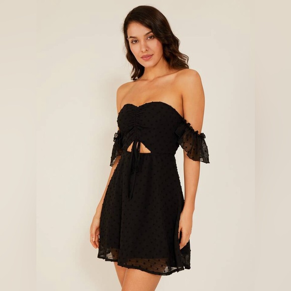 Shein Double Crazy Black Bardot Swiss Dot Frill Drawstring Detail Dress - Picture 5 of 10